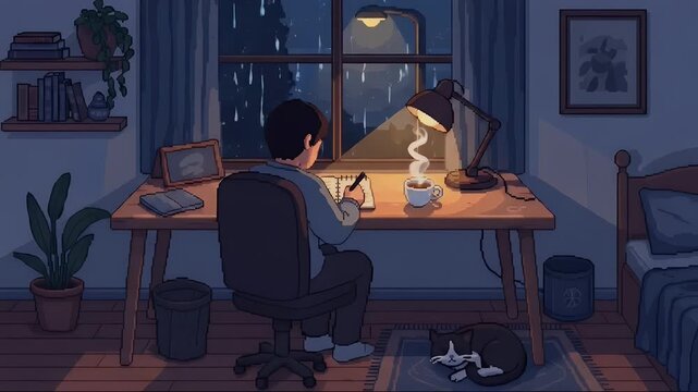 Lofi Animated Loop of a Person Studying at a Desk at Night.