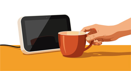 A hand reaches for a steaming cup of coffee next to a sleek, modern smart display, illustrating a morning routine.