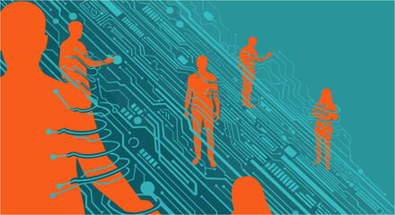 Conceptual illustration depicting human interaction with advanced technology, showcasing interconnectedness within a digital circuit board environment.