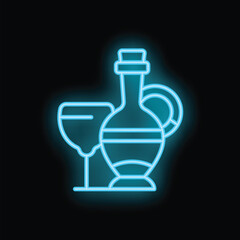 Obraz premium Neon sign featuring a classic wine bottle and glass, illuminated with vibrant blue light against a dark background