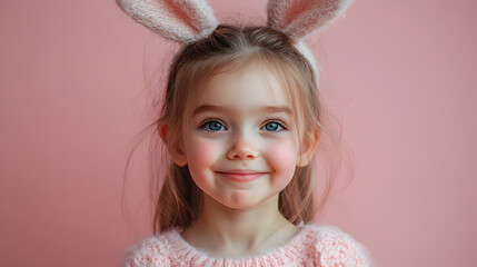 Young child with bunny ears smiles against a pink background in a playful setting during daytime