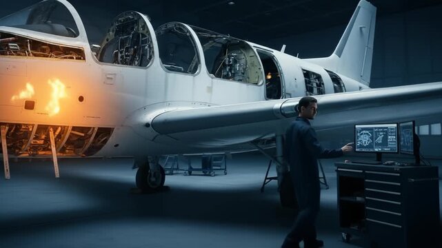 Mechanic In Blue Overalls Working On Disassembled Airplane In A Hangar With Monitors Displaying Data And Orange Glow From Engine Compartment