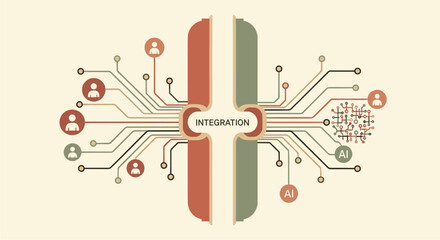 Abstract visual representation depicting the intricate integration of human interaction, artificial intelligence, and technology within a complex network.