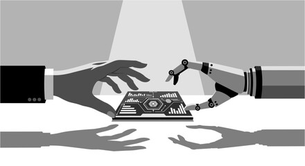 A human hand and a robotic hand reaching for a glowing digital interface, symbolizing the integration of artificial intelligence into business and technology.