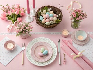 Table setting for Easter celebration on pink background