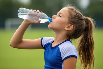 A focused young girl drinks water on a soccer field, emphasizing health, fitness, and an active lifestyle for children. This image is ideal for sports-related content.