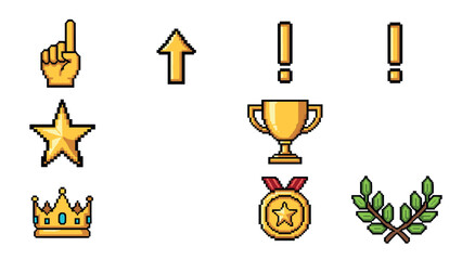 Retro pixel art icons: trophies, stars, and symbols for gaming and achievement