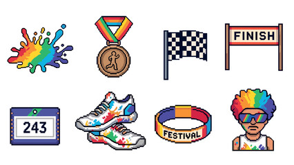 Colorful race icons: marathon medal, rainbow sneakers, pixel art elements