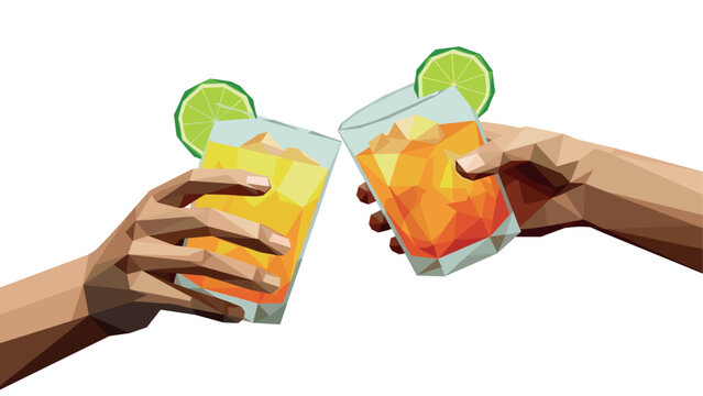 Geometric cheers: two hands toasting with lime-infused drinks in polygon style