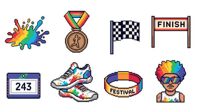 Colorful race icons: marathon medal, rainbow sneakers, pixel art elements