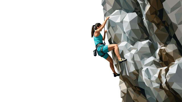 Geometric low poly rock climber ascending a steep mountain face