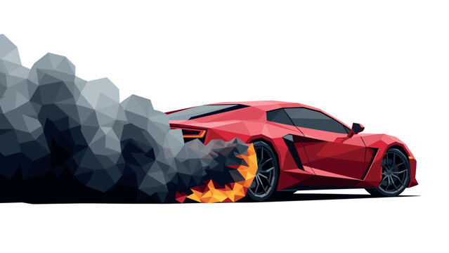 Geometric red sports car drifting with smoke and flames in low poly design