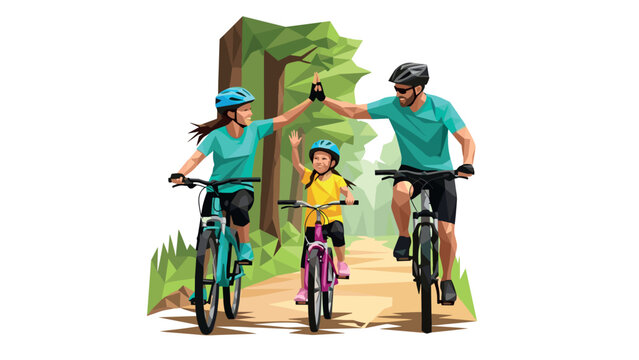 Happy family cycling adventure with nature and polygons
