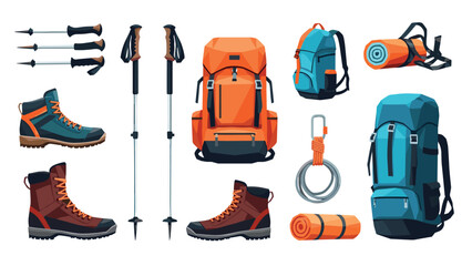 Outdoor hiking gear set with backpacks, boots, and camping equipment