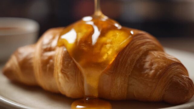 Golden honey cascading over a freshly baked, flaky croissant, a delicious breakfast pastry, a delightful treat