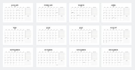 Calendar 2026 Monthly planner layout. Clean minimalist yearly calendar design for print planning organization and scheduling.
