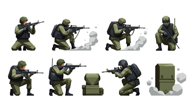 Tactical military soldiers in combat poses with equipment