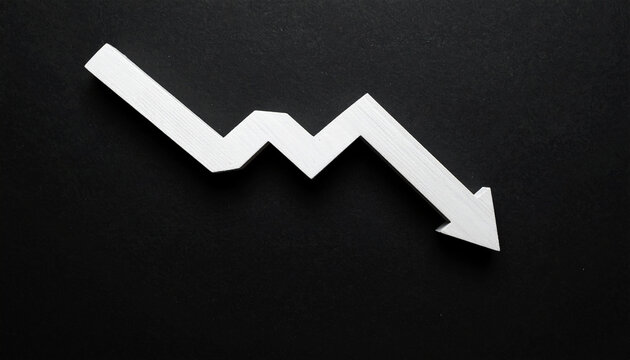 Minimalist white wooden downward arrow on black backdrop. Business decline, economic warning