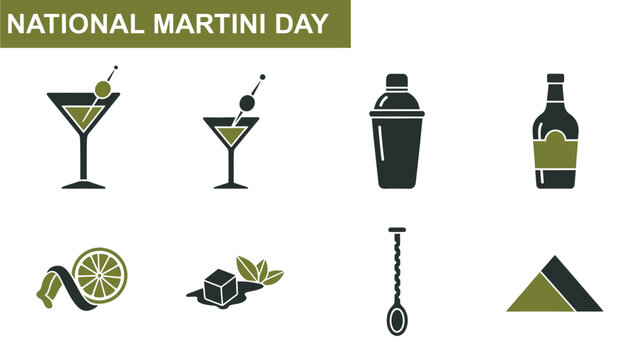 An array of olive green and dark green graphic icons related to martinis and bartending