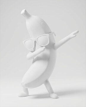 Minimalist white 3D banana character dabbing and wearing sunglasses on white background