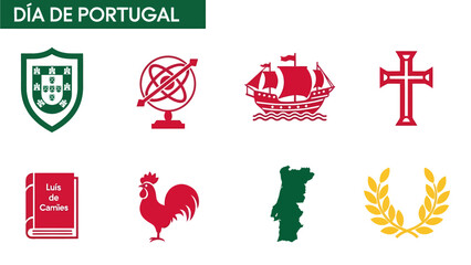Eight Portuguese cultural and national symbols arranged in two rows under a banner © Agung