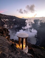 Sunset over a volcanic crater, featuring a lit circular structure