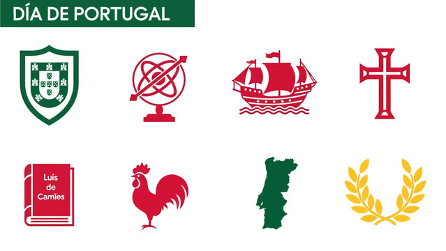 Eight Portuguese cultural and national symbols arranged in two rows under a banner