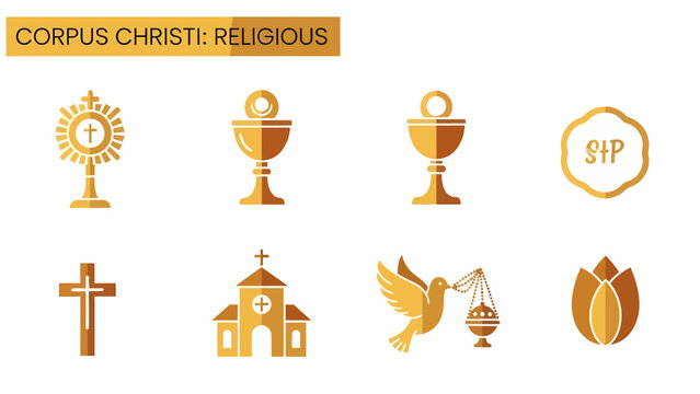 Gold religious icons related to Corpus Christi displayed on a white background