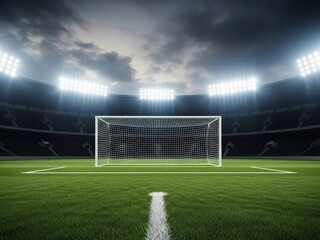 Fototapeta premium Football goal on a green soccer field in a stadium under dramatic lights isolated on white background