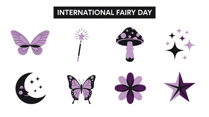Fototapeta premium International Fairy Day graphic with purple and black icons butterflies wand mushroom stars moon and flower