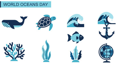 Illustration set featuring marine life waves anchor and globe for World Oceans Day © Agung