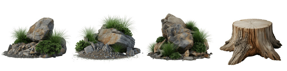 Set For rock and tree stump set isolated on transparent background