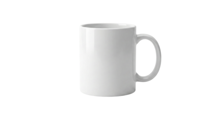 Isolated blank white ceramic coffee mug with a sturdy handle, ready for custom branding or a refreshing drink, presented on a minimalist backdrop, perfect for mockups and personalization