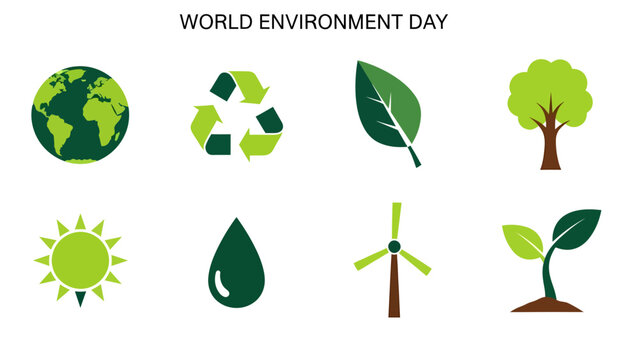Green icons representing Earth recycling nature and clean energy for World Environment Day