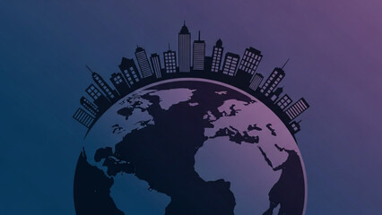 Fototapeta premium Global Cityscape Illustration with Skyscrapers on Earth against Gradient Background
