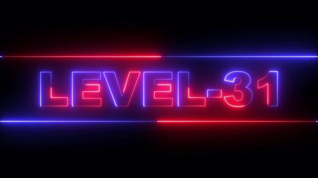 glowing neon Level-31 text inside a horizontal banner on black background. level 31 text icon animation. Neon level up sign. neon next Level text. Game concept next level. 4k video animation.