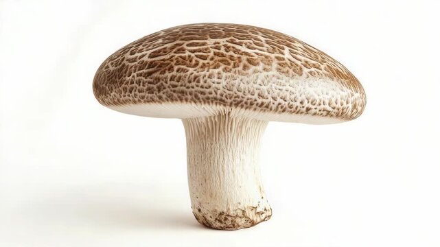 This is a single, fully grown brown mushroom with distinctive white spots on its cap. The stem appears to be long and slender, culminating in a small, flat base.