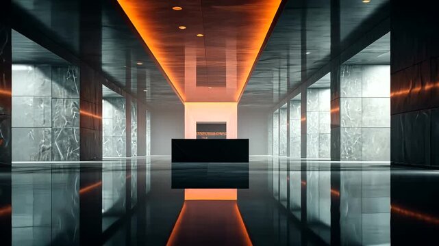 Sleek, modern, empty hallway with glowing orange ceiling lights and reflective floor