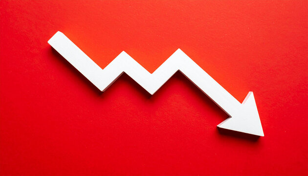 Minimalist white wooden downward arrow on red backdrop. Business decline, economic warning