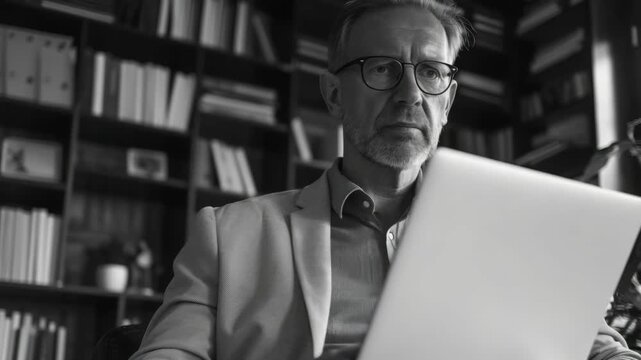 A man wearing glasses sits at a desk reading a book in a library filled with bookshelves and books.