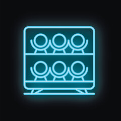 Obraz premium Blue neon icon of wine bottles resting on a wine rack on a black background