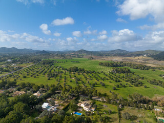 Aerial view, Spain, Balearic Islands, Mallorca, Capdepera, Cuevas de Arta and Platja de Canyamel with golf course, sand bunker, green, golfer