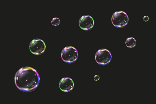 Soap bubbles color spectrum on black background. Realistic air bubble transparency effect and 3D graphics glare. Vector illustration.