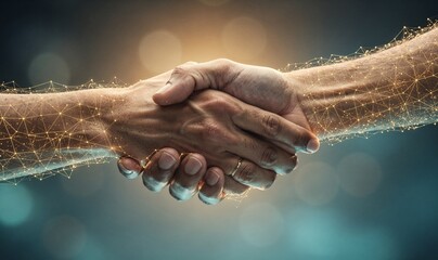 Digital technology and business growth concept with glowing network connections, teamwork, secure data exchange or investment analysis, representing corporate strategy innovation, global communication