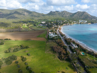 Aerial view, Spain, Balearic Islands, Mallorca, Capdepera, Cuevas de Arta and Platja de Canyamel with golf course, sand bunker, green, golfer