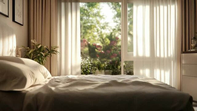 Neatly made bed in modern room with sunlight streaming through window blinds.