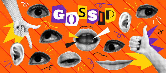 Fototapeta na wymiar Collage of gossip. Retro halftone news. Newspaper eyes and lips. Ear listening. Hand gesture of vintage dots. Naive doodle banner. Color y2k fashion design. Vector elements for social garish network