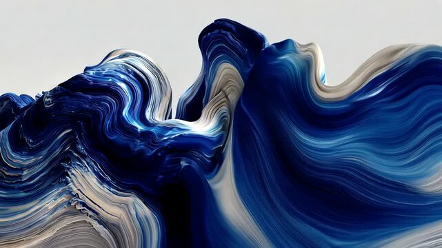 Abstract depiction featuring flowing, swirled, layered blues, whites, and tans against a light gray backdrop