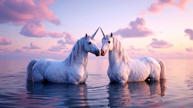 Two white horses standing together in calm water at sunset.