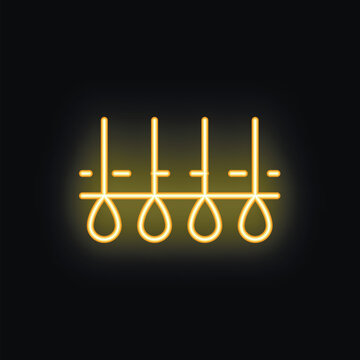 Neon sign depicting a row of hanging nooses glowing yellow against a dark background